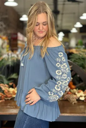 Floral Embroidered Top with Tasseled Tie