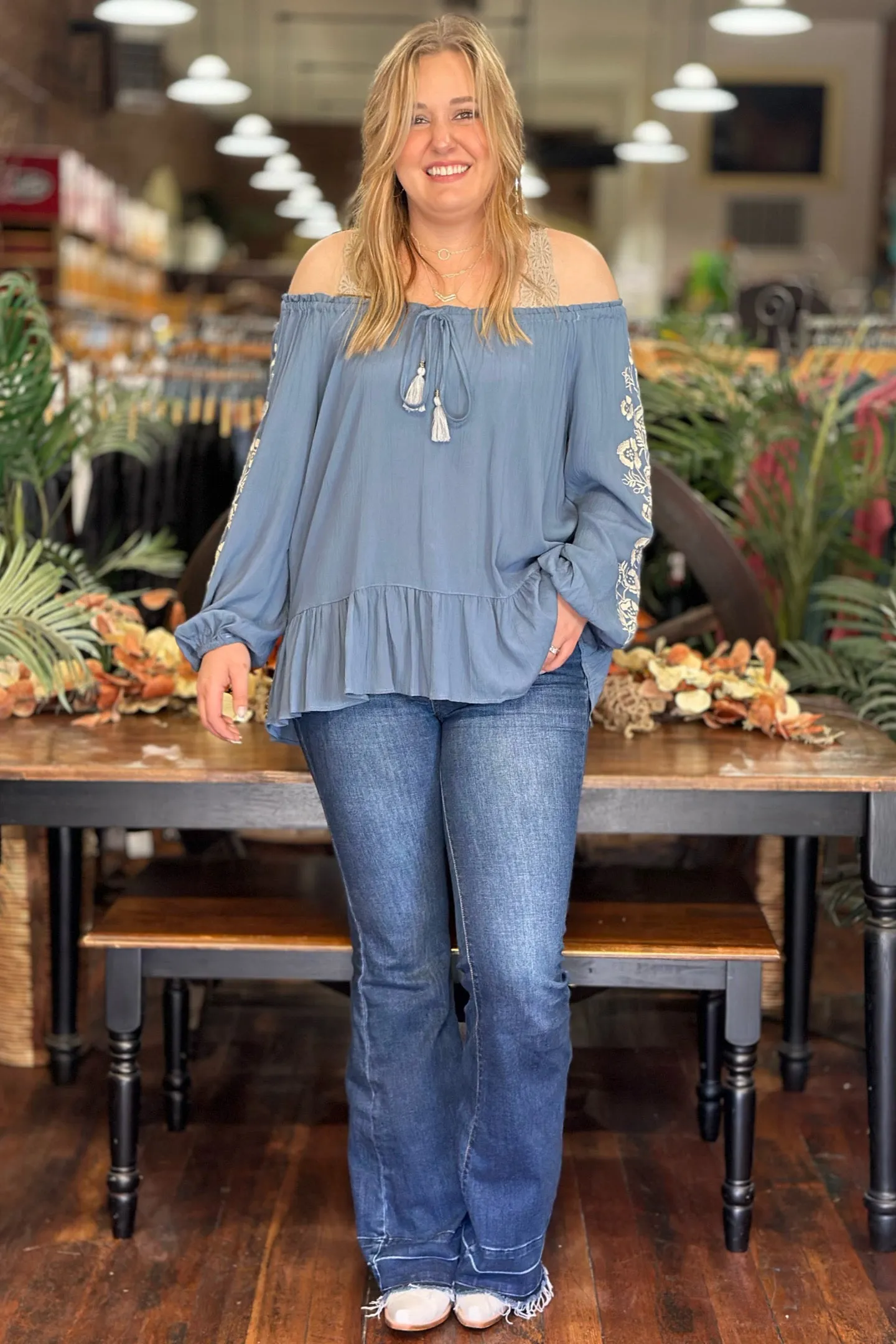 Floral Embroidered Top with Tasseled Tie