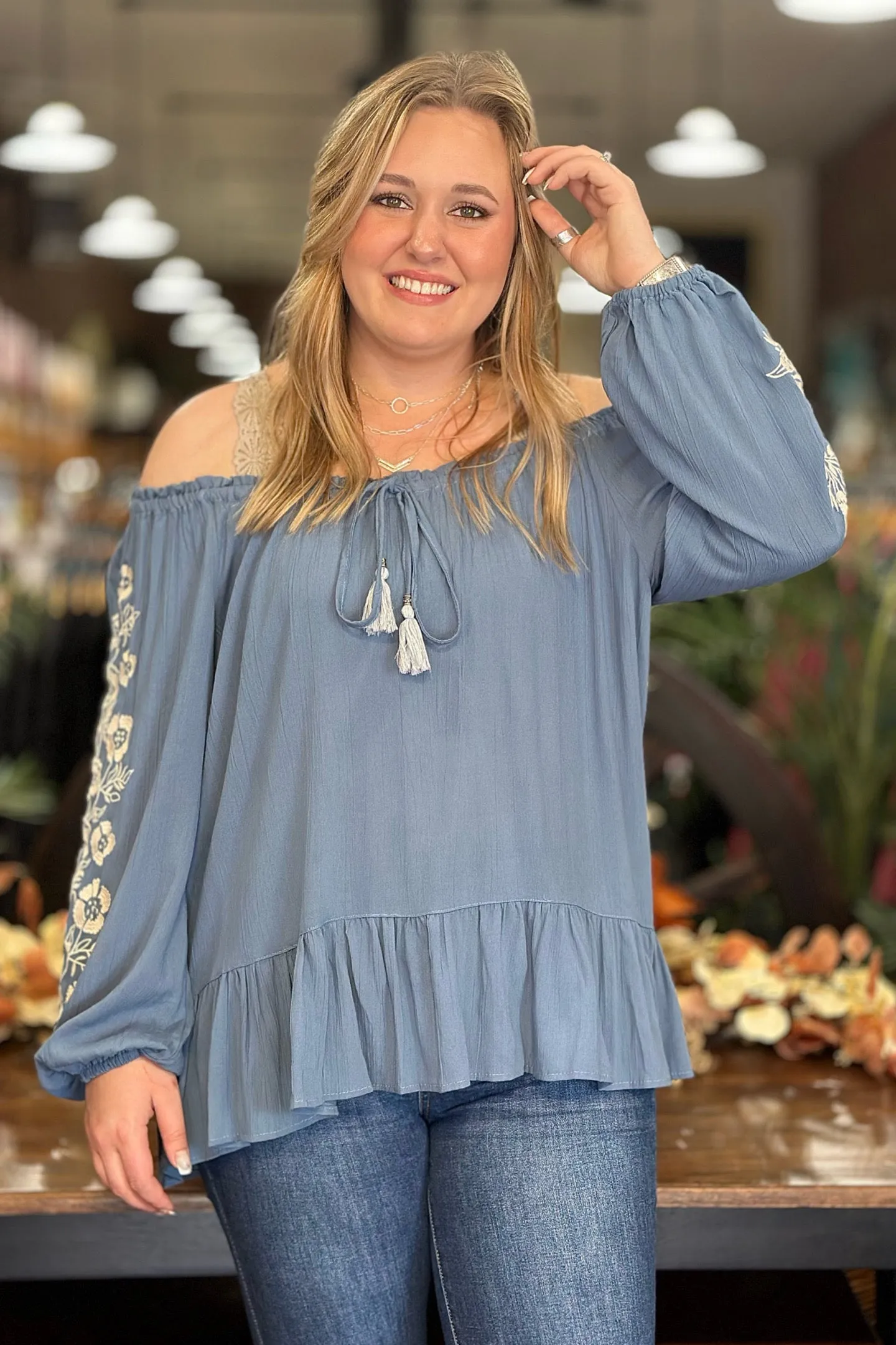 Floral Embroidered Top with Tasseled Tie