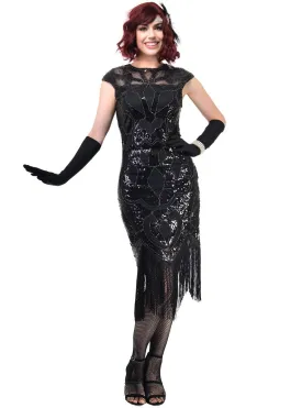 Great Gatsby Womens Black Sequinned Cap Sleeve Flapper Dress Costume