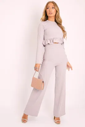 Grey Ribbed Frill Hem Top and Wide Leg Trouser Co-ord - Blayke