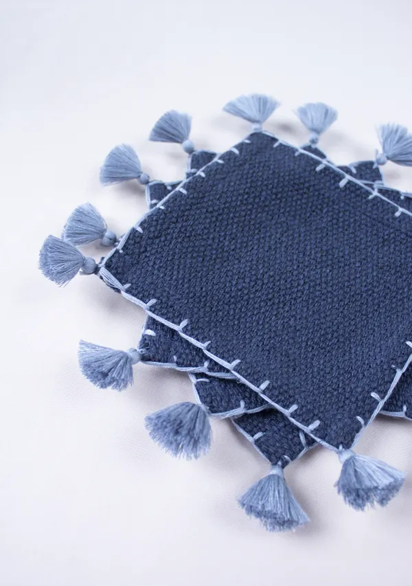 Handwoven Deep Blue & Grey Tassels Coasters