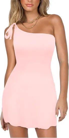 HYPERFIRE Women's Tie One Shoulder Spaghetti Strap Mini Dress Boat Neck Cocktail Short Dresses