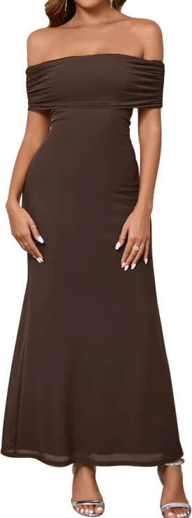 KUTUMAI Women Off Shoulder Bodycon Maxi Long Dress Mesh Ruched Elegant Formal Wedding Guest Dresses