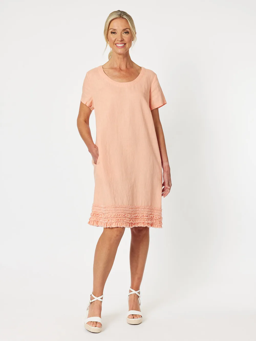 Linen Ruffle Hem Dress - Mandarine