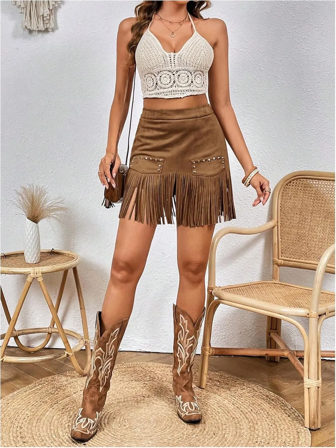 MakeMeChic Women's Faux Suede Fringe Hem Mini Skirt Studded Tassell Bodycon Short Skirts