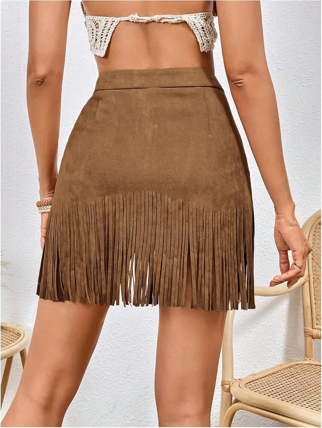 MakeMeChic Women's Faux Suede Fringe Hem Mini Skirt Studded Tassell Bodycon Short Skirts