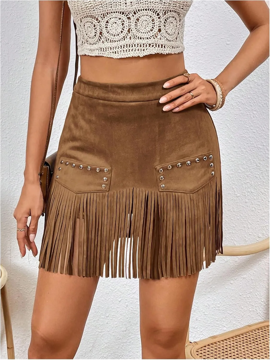 MakeMeChic Women's Faux Suede Fringe Hem Mini Skirt Studded Tassell Bodycon Short Skirts