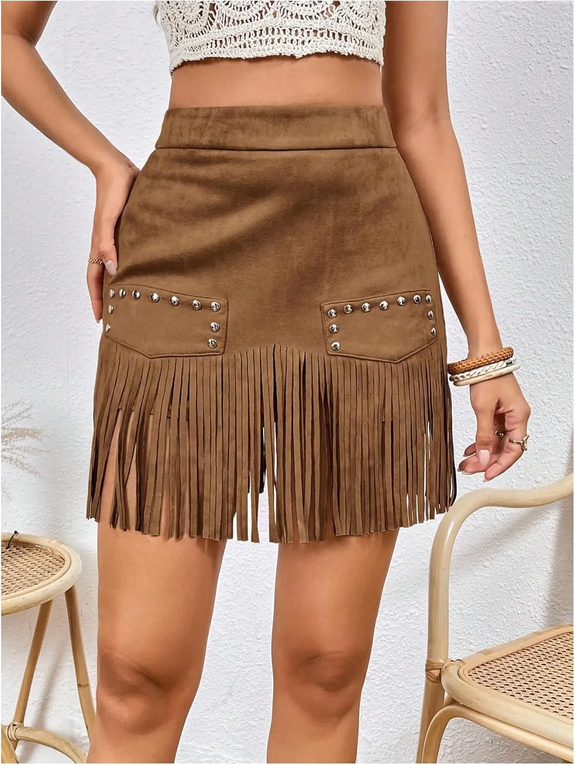 MakeMeChic Women's Faux Suede Fringe Hem Mini Skirt Studded Tassell Bodycon Short Skirts