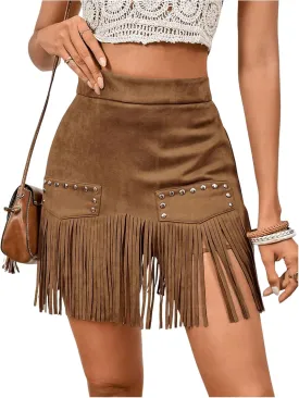 MakeMeChic Women's Faux Suede Fringe Hem Mini Skirt Studded Tassell Bodycon Short Skirts
