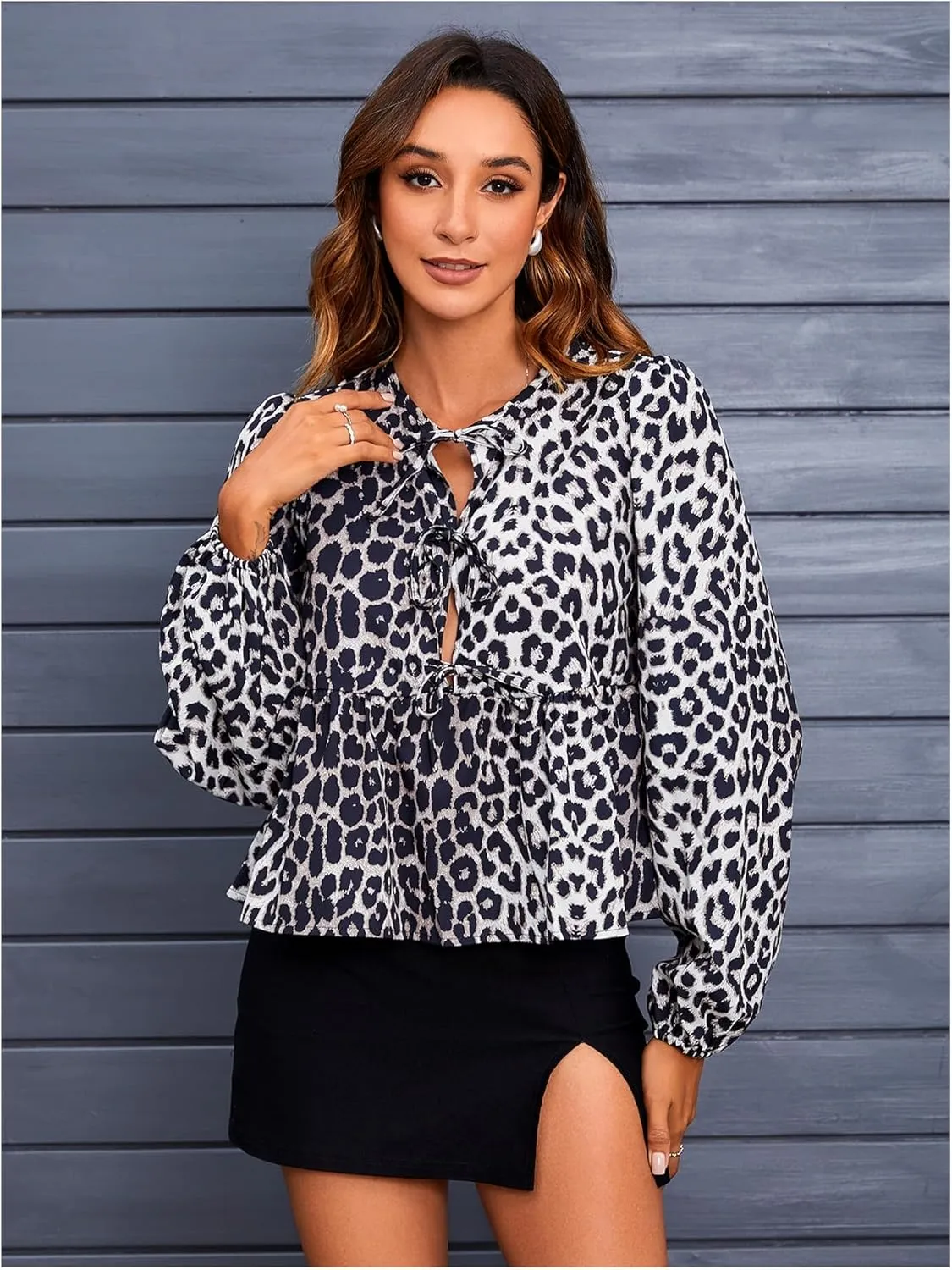 MakeMeChic Women's Leopard Print Tie Neck Blouses Long Lantern Sleeve Ruffled Tops