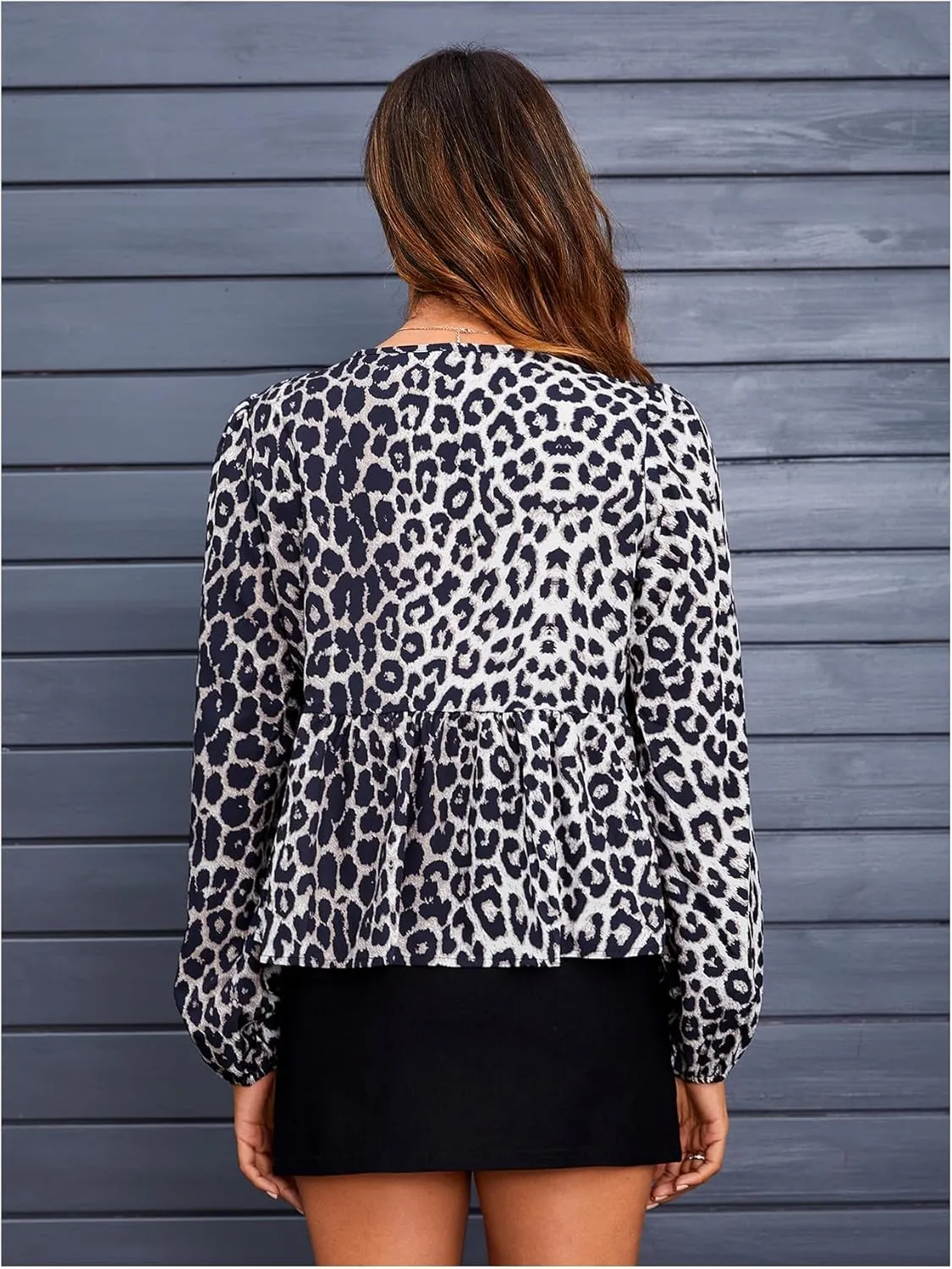 MakeMeChic Women's Leopard Print Tie Neck Blouses Long Lantern Sleeve Ruffled Tops