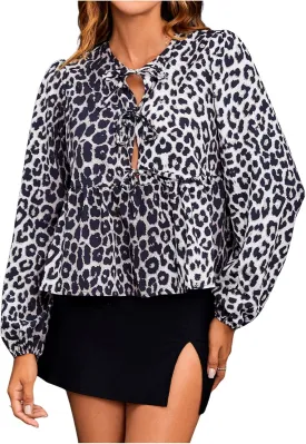 MakeMeChic Women's Leopard Print Tie Neck Blouses Long Lantern Sleeve Ruffled Tops