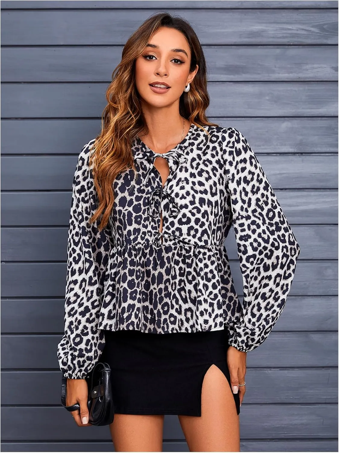 MakeMeChic Women's Leopard Print Tie Neck Blouses Long Lantern Sleeve Ruffled Tops