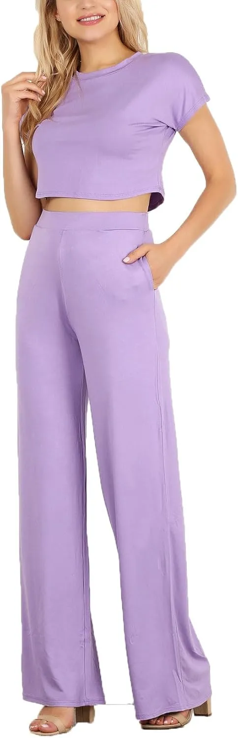 Minimal 2 PC Set: Short Sleeve Crop top paired with high Waisted Wide Leg Trousers with an Elastic Waistband.