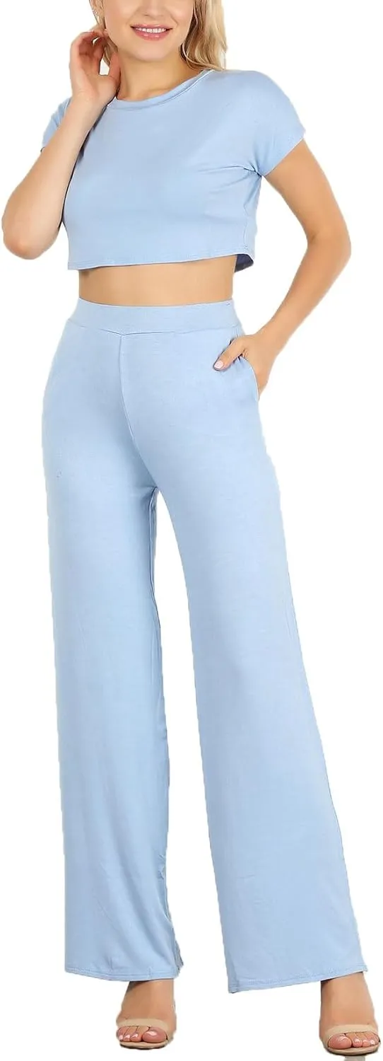 Minimal 2 PC Set: Short Sleeve Crop top paired with high Waisted Wide Leg Trousers with an Elastic Waistband.
