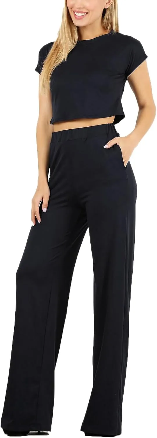 Minimal 2 PC Set: Short Sleeve Crop top paired with high Waisted Wide Leg Trousers with an Elastic Waistband.