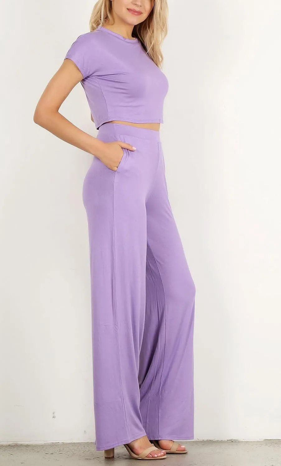 Minimal 2 PC Set: Short Sleeve Crop top paired with high Waisted Wide Leg Trousers with an Elastic Waistband.