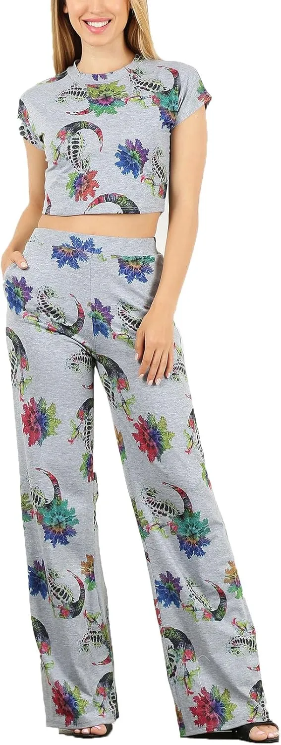 Minimal 2 PC Set: Short Sleeve Crop top paired with high Waisted Wide Leg Trousers with an Elastic Waistband.