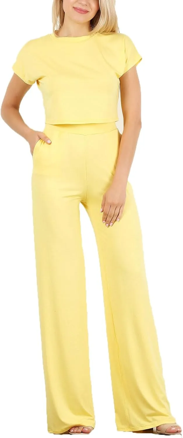Minimal 2 PC Set: Short Sleeve Crop top paired with high Waisted Wide Leg Trousers with an Elastic Waistband.