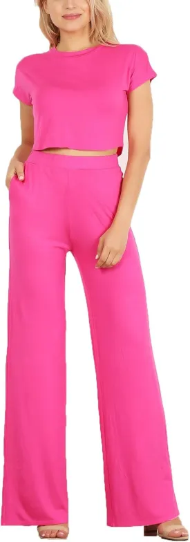 Minimal 2 PC Set: Short Sleeve Crop top paired with high Waisted Wide Leg Trousers with an Elastic Waistband.