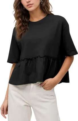 MISSACTIVER Women's Cute Ruffle Hem Babydoll Tee Shirt Casual Crew Neck Short Sleeve Loose Fit Flowy Peplum T-Shirt Tops