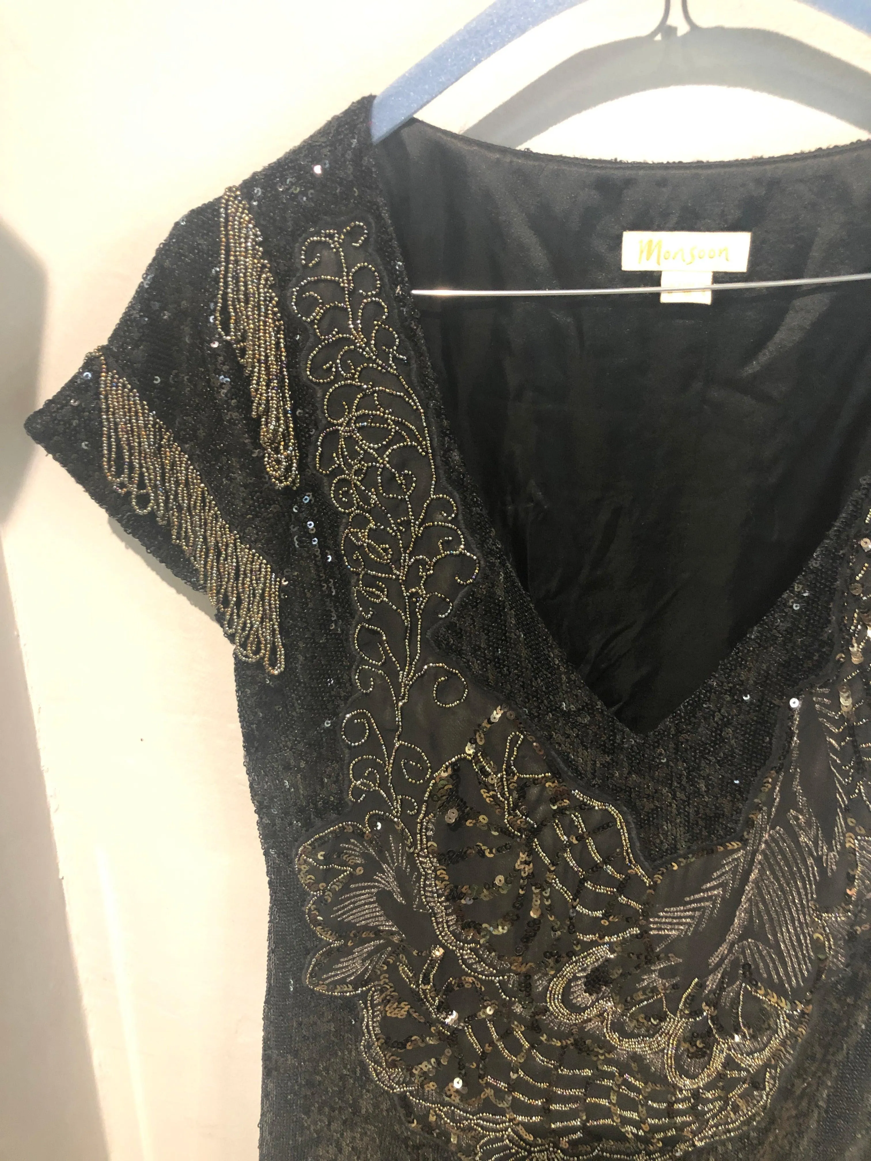 Monsoon black flapper 1920's Gatsby beaded/sequin cocktail dress UK size 8