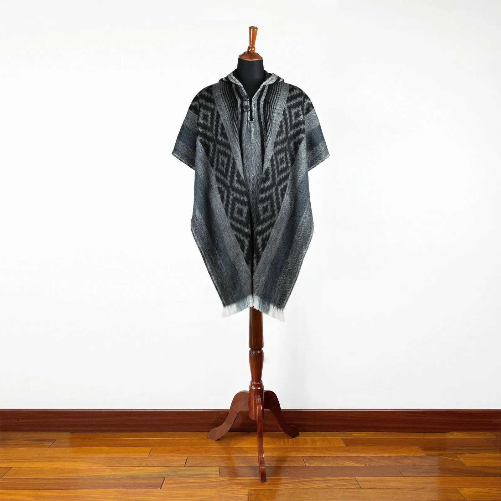 Nambija - Lightweight Baby Alpaca Hooded Poncho - Charcoal With Diamonds Pattern - Unisex