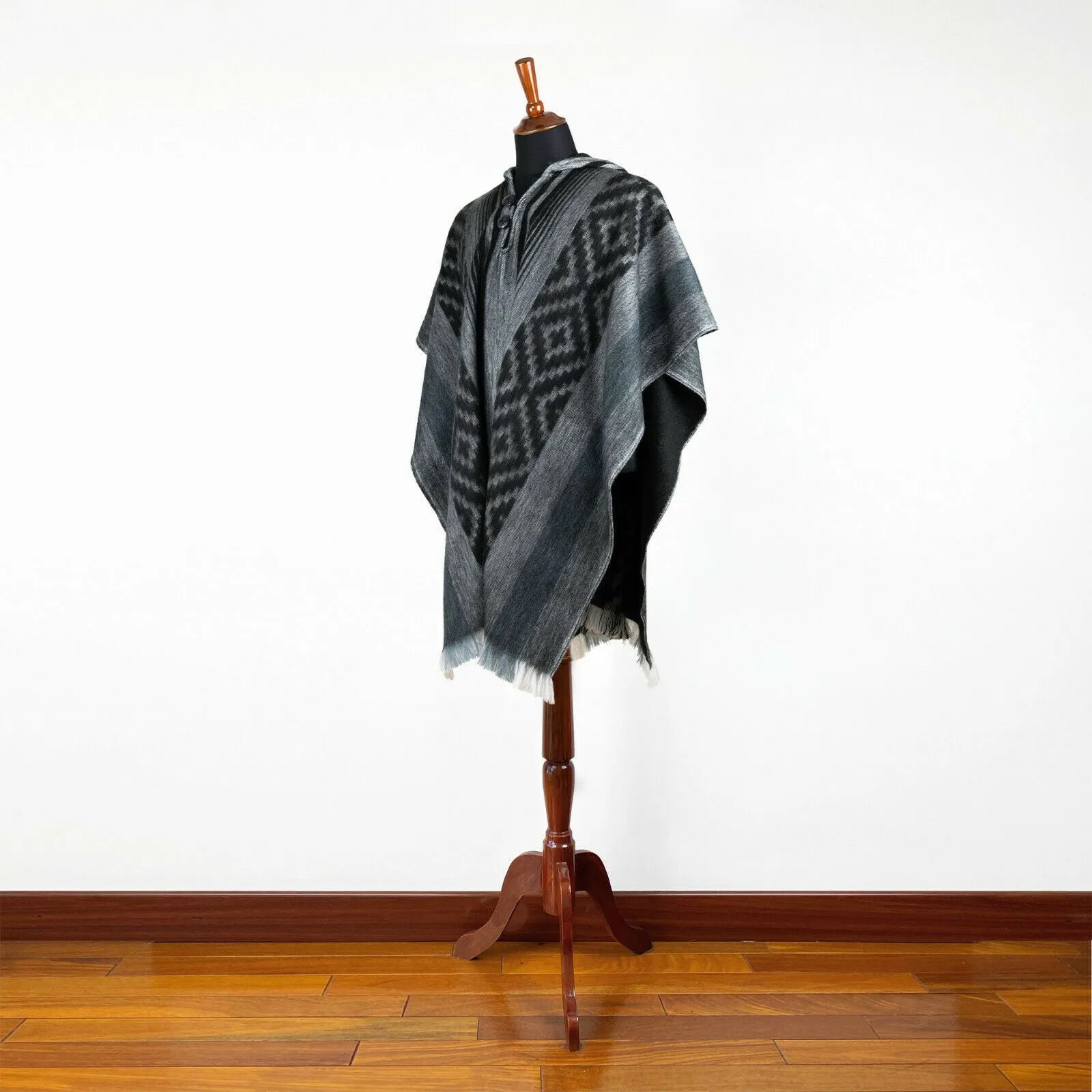 Nambija - Lightweight Baby Alpaca Hooded Poncho - Charcoal With Diamonds Pattern - Unisex