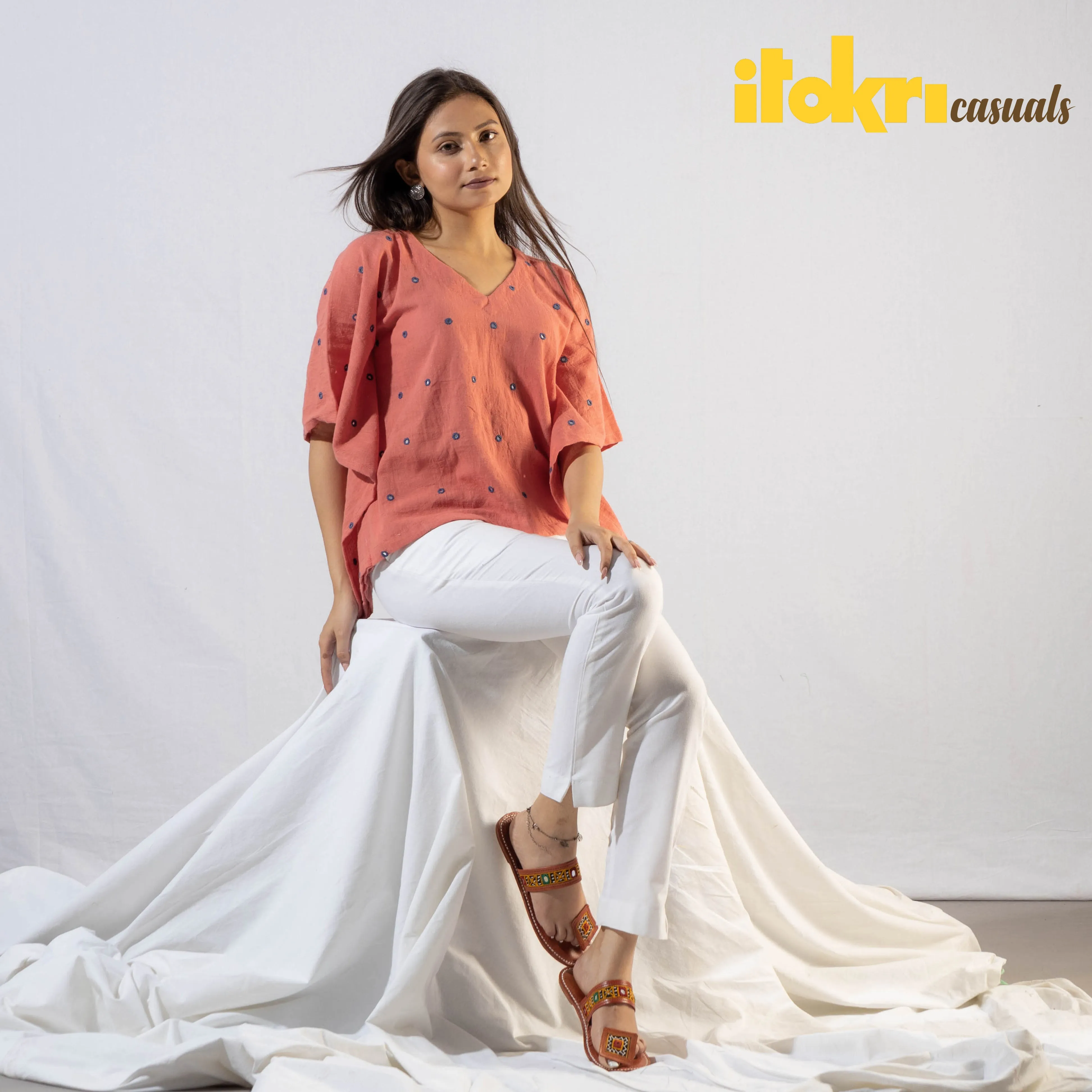 Peach - Light Coral Handwoven Kala Cotton Mirror Work Kaftan Crop Top by iTokri Casuals