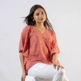 Peach - Light Coral Handwoven Kala Cotton Mirror Work Kaftan Crop Top by iTokri Casuals