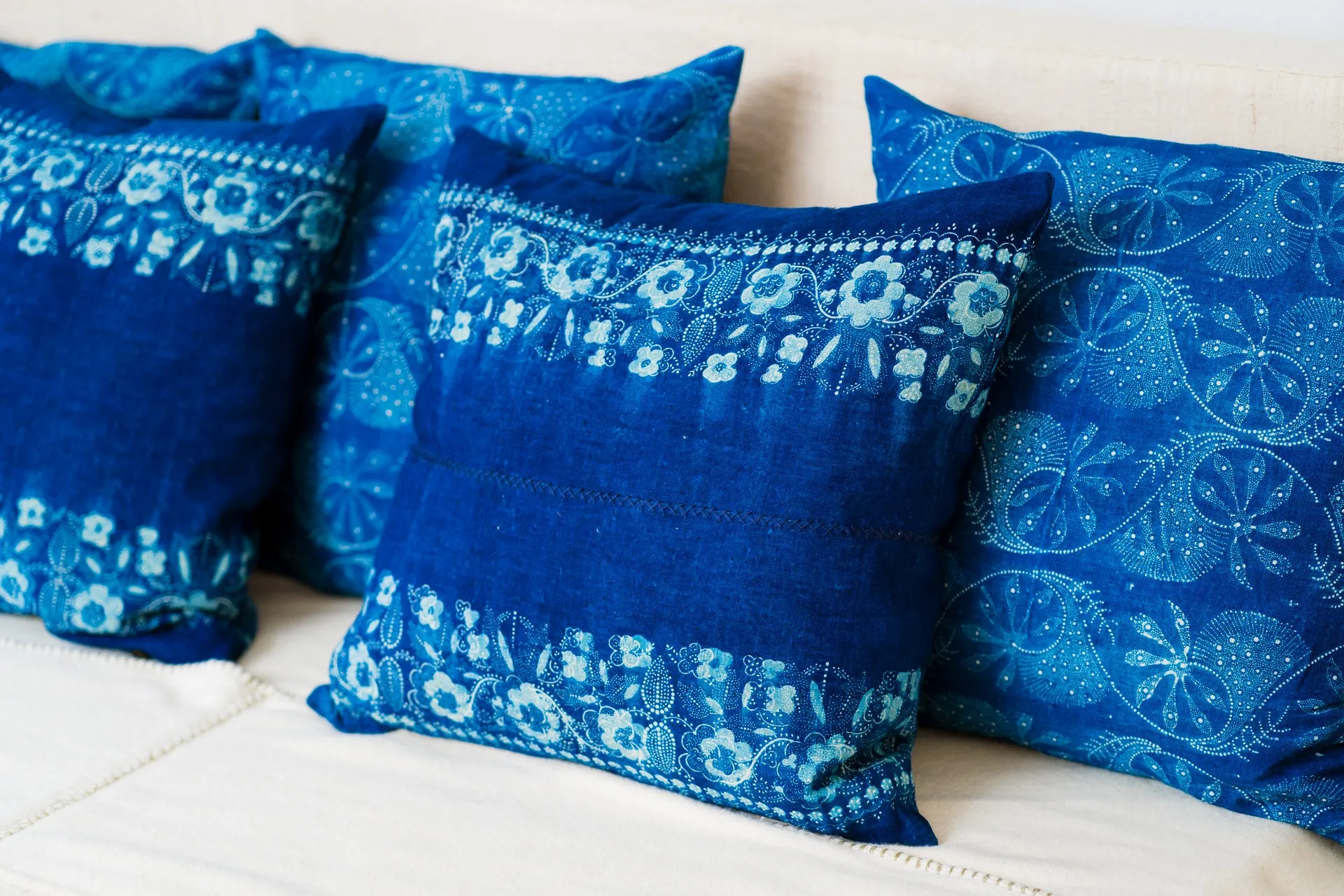 Pillow: Handwoven antique Hungarian hemp, wax resist Indigo - P497