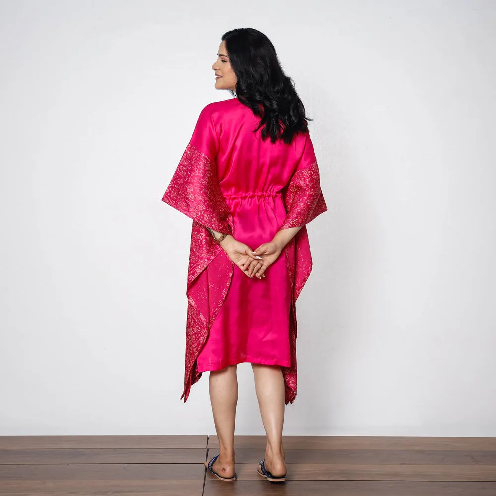 Pink - Magenta Mashru Silk Kutch Block Printing Kaftan Dress (Medium)