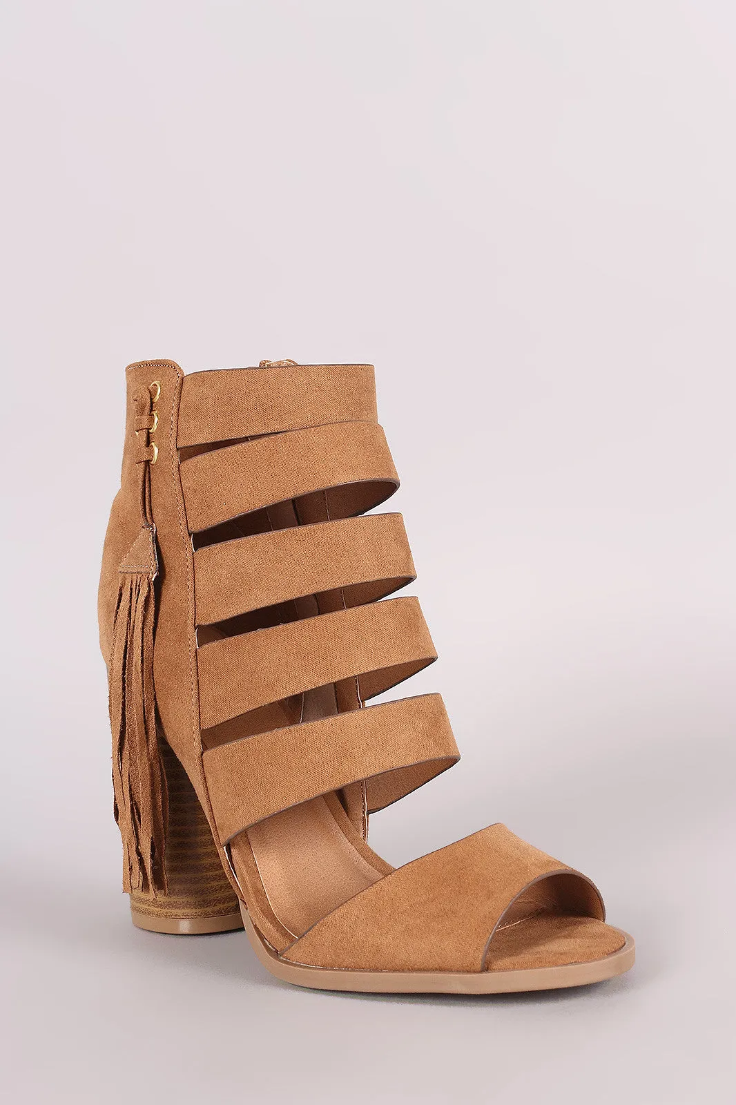 Qupid Strappy Fringe Tassel Rounded Chunky Heel