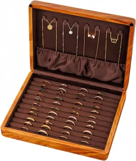 Ring Organizer Display Case, Soild Wood Cufflink Box with Velvet Lining, Wooden Jewelry Case for Rings Earrings Cuff link Necklace Stackable Vintage Gift for Men Women - Brown