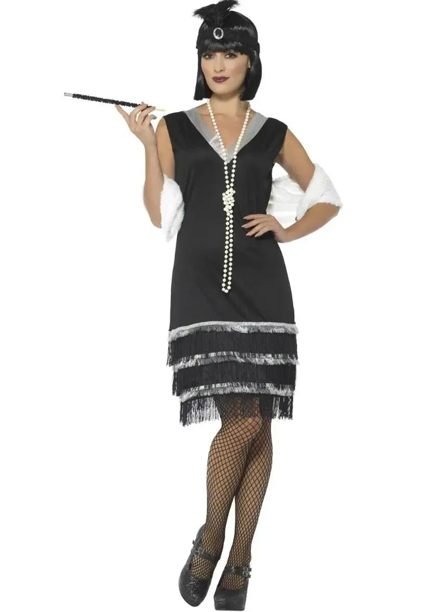 Ritzy Black and Silver Womens Plus Size Flapper Dress Costume