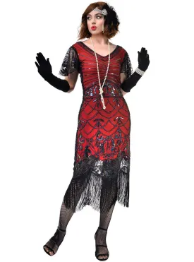 Roaring 20s Womens Red and Black Gatsby Dress with Flutter Sleeves