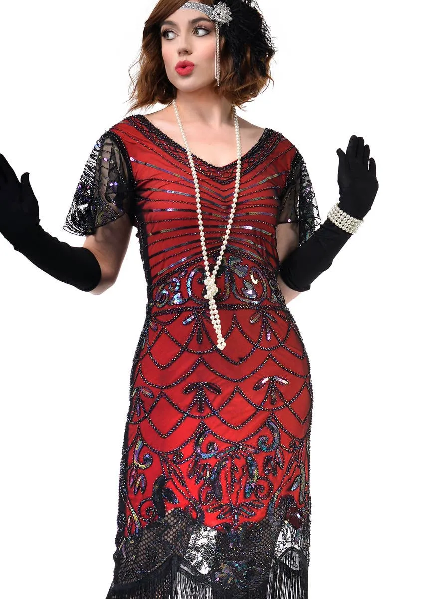 Roaring 20s Womens Red and Black Gatsby Dress with Flutter Sleeves