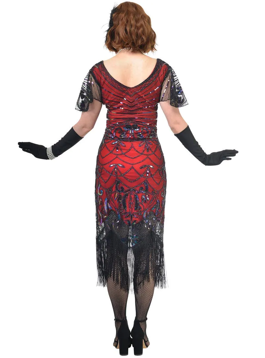 Roaring 20s Womens Red and Black Gatsby Dress with Flutter Sleeves