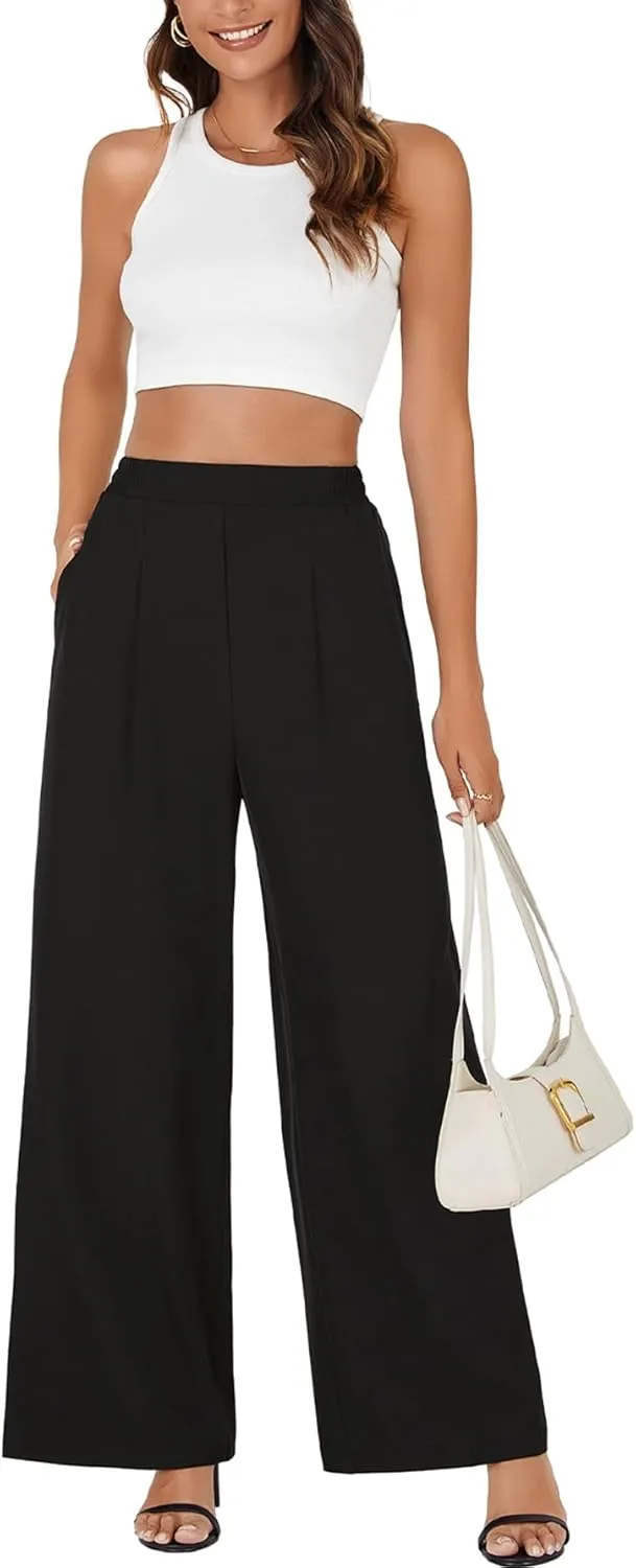 Rooscier Women's Wide Leg Pants Loose Fit High Elastic Waisted Pleated Front Casual Long Trousers with Pockets