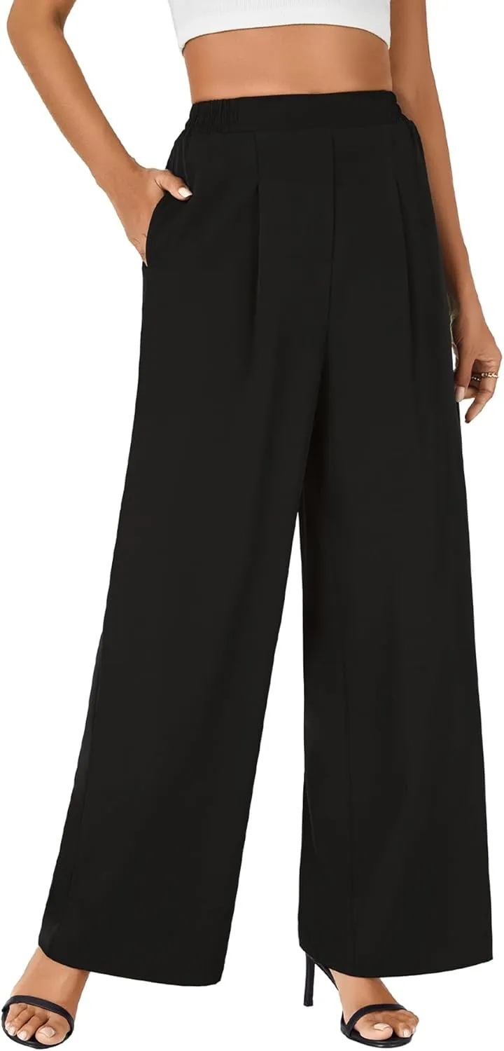 Rooscier Women's Wide Leg Pants Loose Fit High Elastic Waisted Pleated Front Casual Long Trousers with Pockets