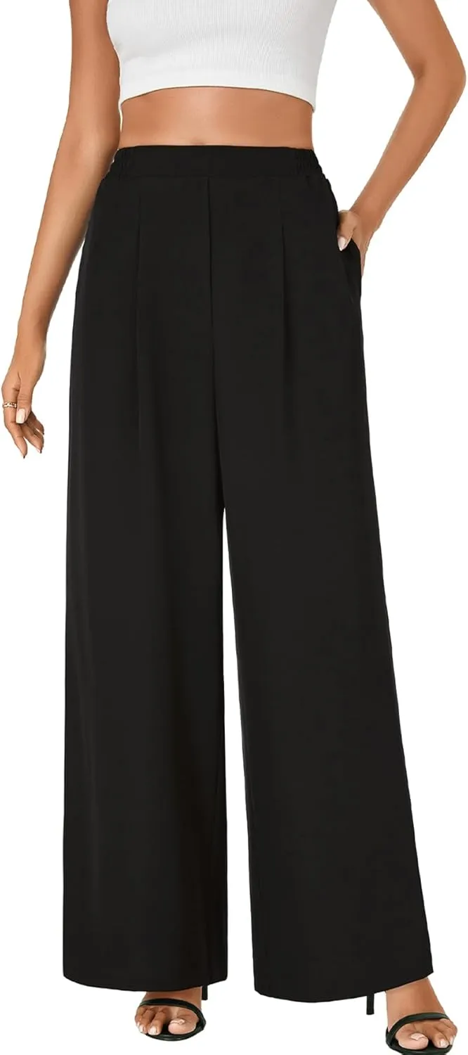 Rooscier Women's Wide Leg Pants Loose Fit High Elastic Waisted Pleated Front Casual Long Trousers with Pockets