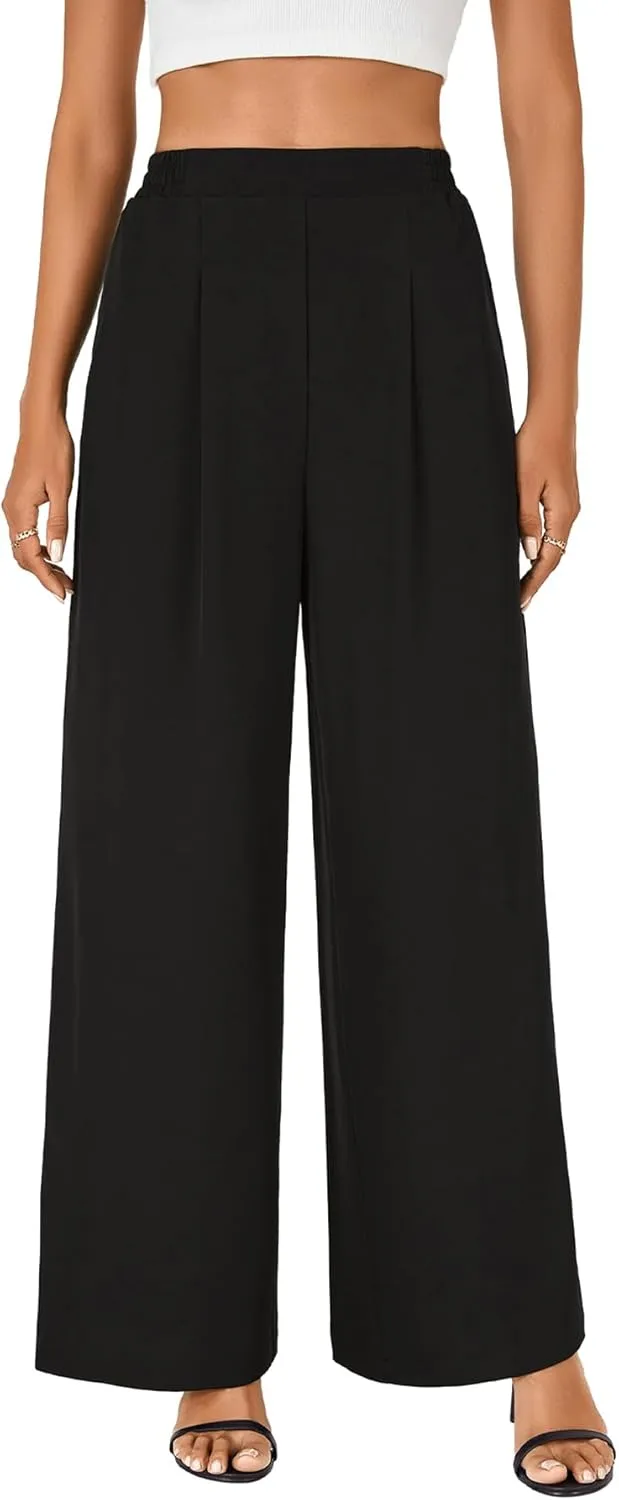 Rooscier Women's Wide Leg Pants Loose Fit High Elastic Waisted Pleated Front Casual Long Trousers with Pockets