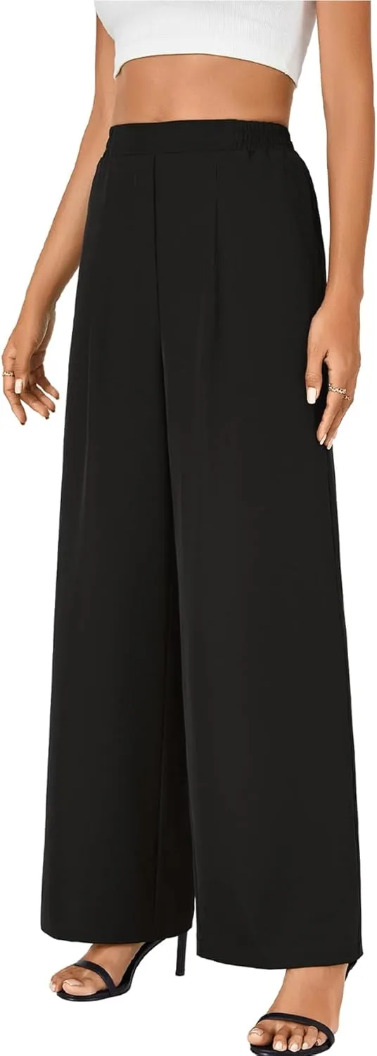 Rooscier Women's Wide Leg Pants Loose Fit High Elastic Waisted Pleated Front Casual Long Trousers with Pockets