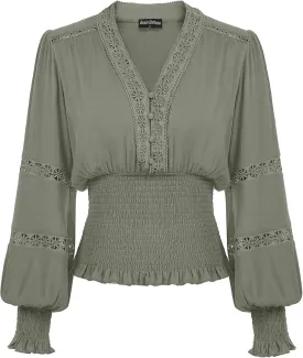 Scarlet Darkness Women's Renaissance Peasant Blouse V Neck Lantern Sleeve Lace Smocked Tops