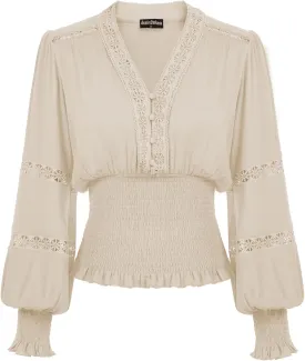 Scarlet Darkness Women's Renaissance Peasant Blouse V Neck Lantern Sleeve Lace Smocked Tops