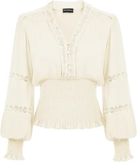 Scarlet Darkness Women's Renaissance Peasant Blouse V Neck Lantern Sleeve Lace Smocked Tops