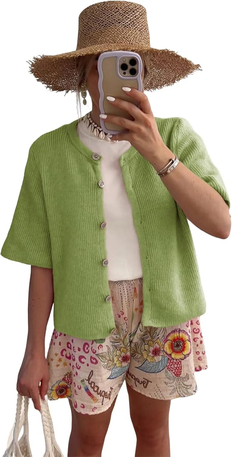 SCUSTY Women's Lightweight Cardigan Short Sleeve Button-Down Summer Cardigan Sweater