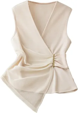 SHENHE Women's Wrap V Neck Mesh Panel Sleeveless Blouse Asymmetrical Business Casual Top