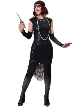Shiny Black 1920s Womens Gatsby Dress Costume with Sequins